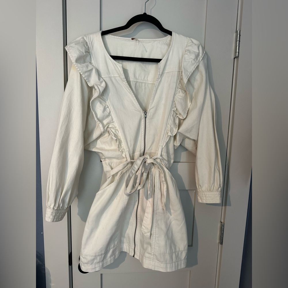 Free People White Ruffled Zip-Up Dress